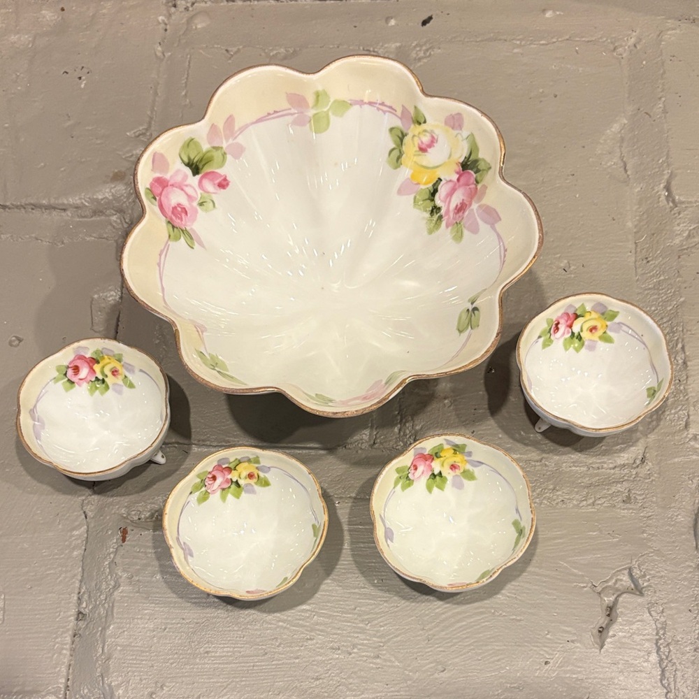 VTG Hand-Painted Nippon Porcelain Footed Nut/Mint Bowl Set